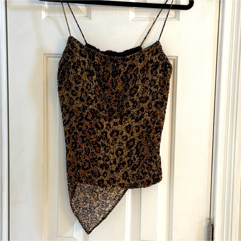 Cache Vintage Leopard Print Silk Beaded Top w/ Asymmetrical Front & Straps